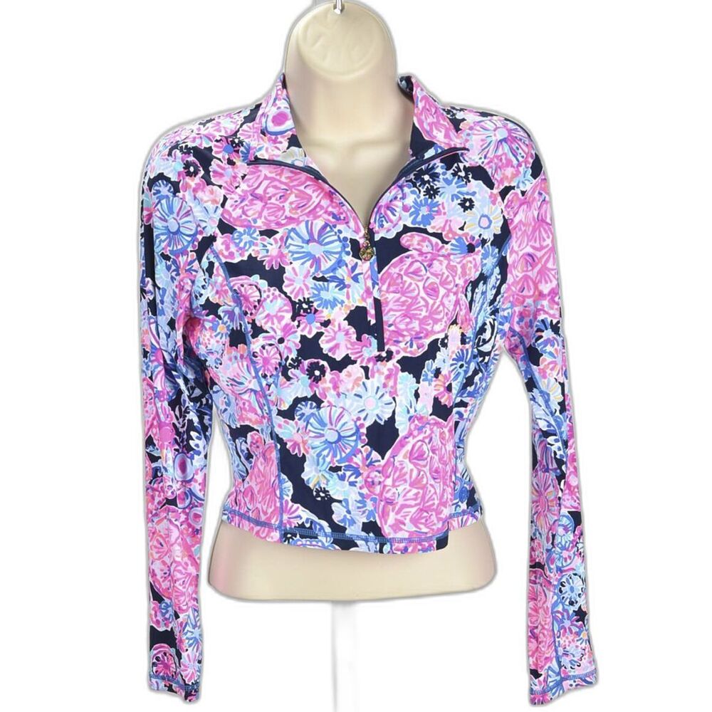 Lilly Pulizer Luxletic Pullover Cropped Black w/Floral Knit Shirt 1/4 Zip Size S